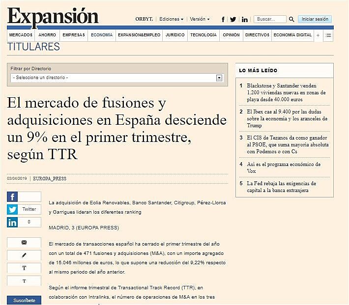 El mercado de fusiones y adquisiciones en Espaa desciende un 9% en el primer trimestre, segn TTR